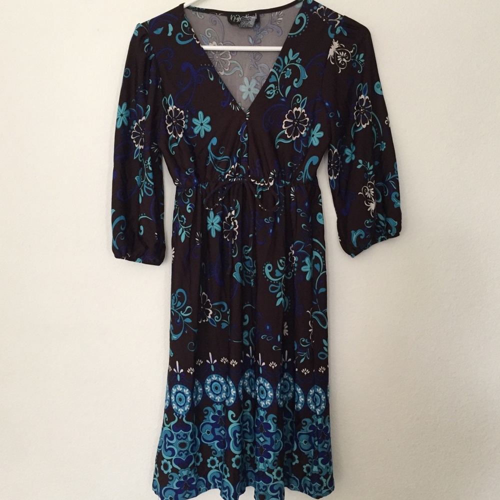 Blue and Brown Floral Peasant-Style Dress